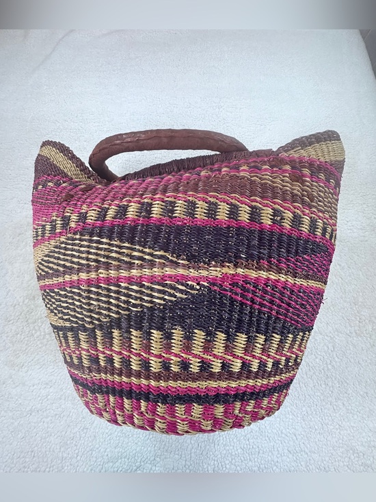 Handbags - Handwoven Pink, Brown & Natural Straw Tote Basket
